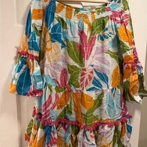 Colorful Floral Cover Up Dress with Pom-Pom Trim